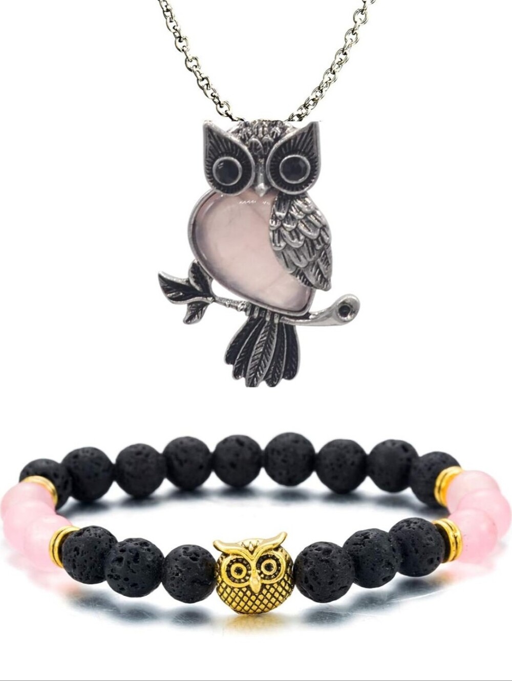 Owl Pendant Necklace and Beaded Bracelet Set - Pink & Black